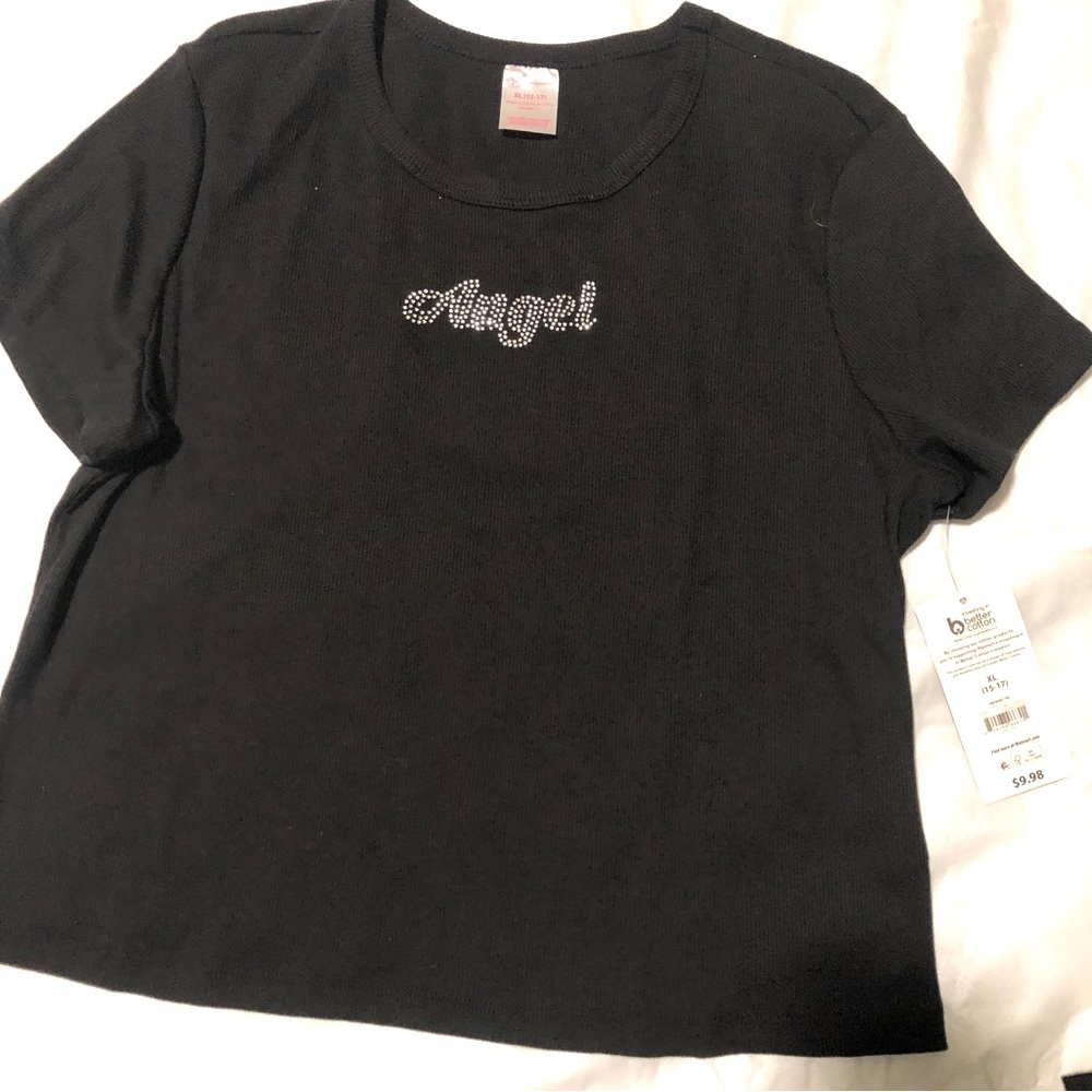 Angel Black Tee With Rhinestones